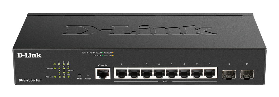 D-Link DGS-2000-10P 8-port Gbit PoE Managed Switch incl. 2 x SFP- Maximum PoE Budget 65W- 8 x 10/100