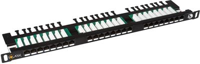 Solarix patch panel 24xRJ45 CAT5E UTP with cable managment, black, 0,5U