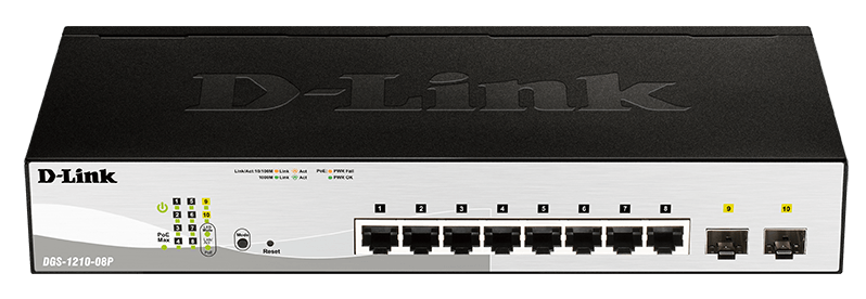 D-Link DGS-1210-08P Smart PoE switch, 8x GbE PoE+, 2x SFP, PoE 65W, fanless