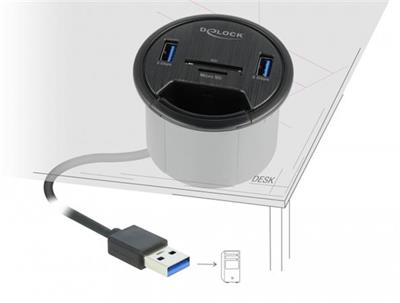 Delock 2 Port Tisch-Hub 2 x SuperSpeed USB Typ-A und Card Reader für SD und Micro